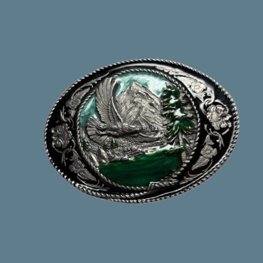 Vintage Siskiyou R-5 Eagle Mountain Pewter Belt Buckle Green-Enameled Bald USA